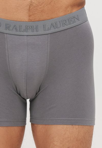 Boxer shorts em algodão cinza com uma cintura elástica com marca, apresentando letras em relevo. Textura suave e design ajustado.