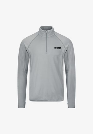 Pullover sportivo grigio chiaro a maniche lunghe con mezza cerniera e logo "cep" sul petto a sinistra, progettato per attività sportive o uso casual.