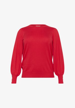 Red knit sweater with a rounded neckline, long puffed sleeves, and button accents at the cuffs. Soft texture, relaxed fit.