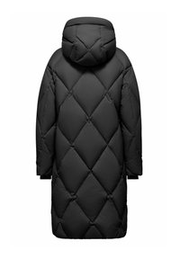 Cappotto imbottito nero con cappuccio, caratterizzato da un design trapuntato con grandi motivi a diamante, maniche lunghe e una silhouette di lunghezza media.
