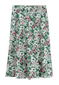 Floral skirt in green fabric featuring white, pink, and navy flowers. A-line design with pleats and elastic waistband for comfort.