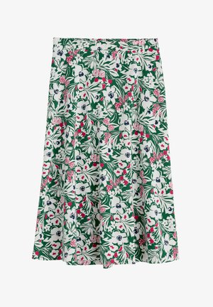 Blumenkleid aus grünem Stoff mit weißen, pinken und marineblauen Blumen. A-Linie Design mit Falten und elastischem Bund für Komfort.