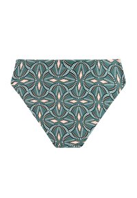 Grønne bikinitrusser med et symmetrisk geometrisk mønster i fersken, sort og hvid, vist mod en hvid baggrund.