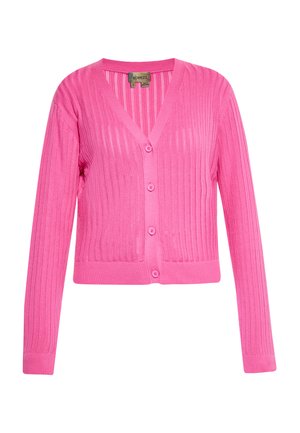 Cardigan rosa a costine con scollo a V, maniche lunghe e sei bottoni frontali. Realizzato in un materiale a maglia leggero.