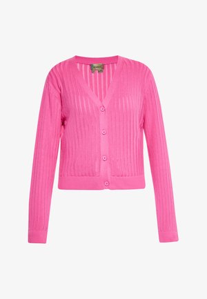 Rosa gerippter Cardigan mit V-Ausschnitt-Design, langen Ärmeln und sechs Knöpfen auf der Vorderseite. Hergestellt aus leichtem Strickmaterial.