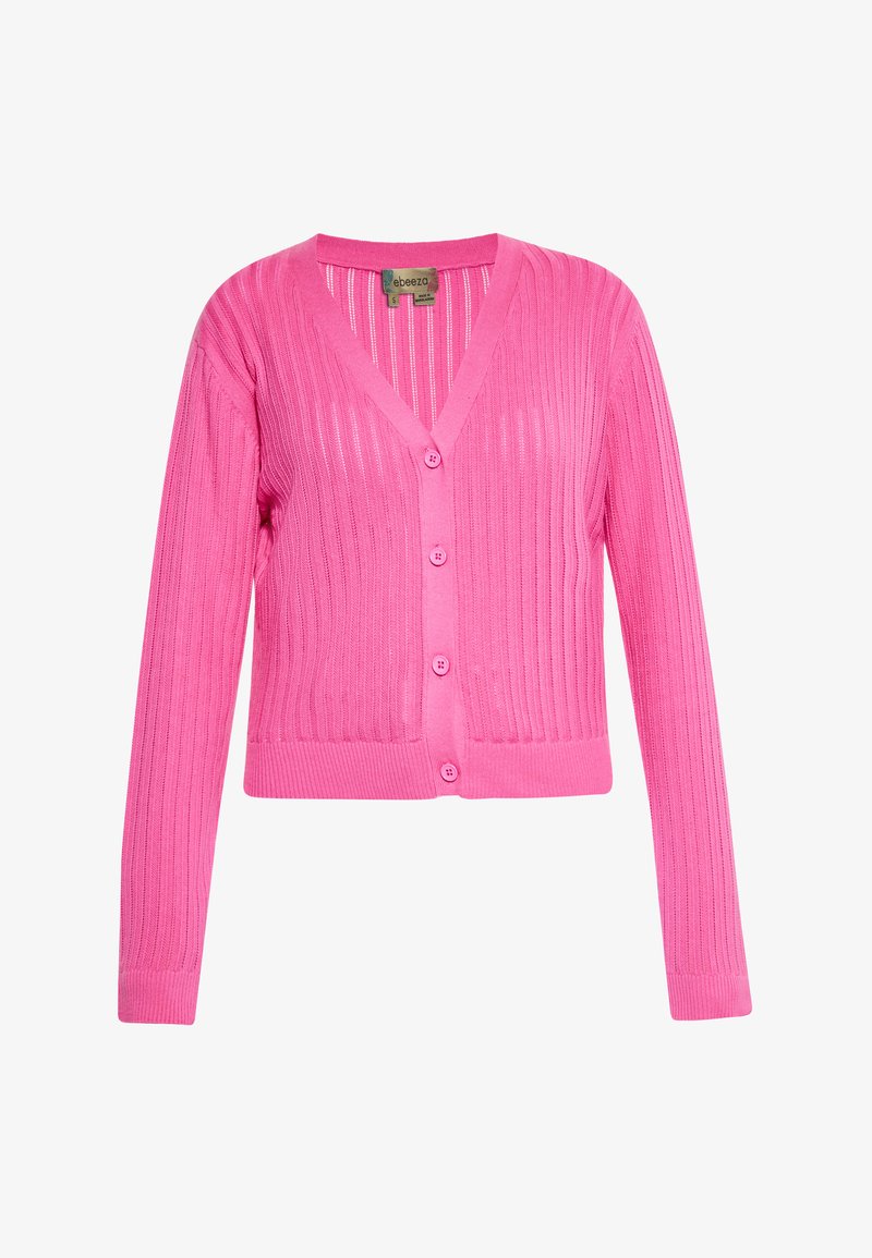 Różowy kardigan prążkowany o dekolcie w kształcie V, z długimi rękawami i sześcioma guzikami z przodu. Wykonany z lekkiego materiału dzianinowego.