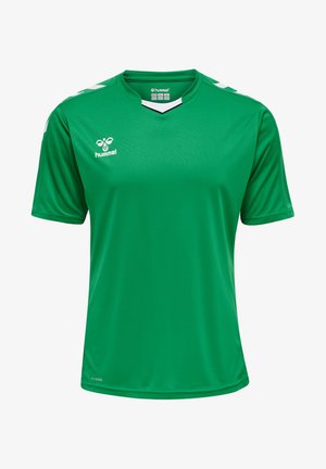 Green short-sleeve sports shirt with a V-neck, made from lightweight fabric. Features white accents and a logo on the front.