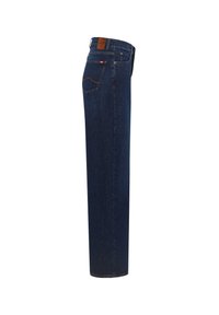 Dunkelblaue Jeans aus Denim mit geradem Bein, ausgestattet mit Kontrastnähten und einem Lederpatch am hinteren Bund. Fünf-Taschen-Design.