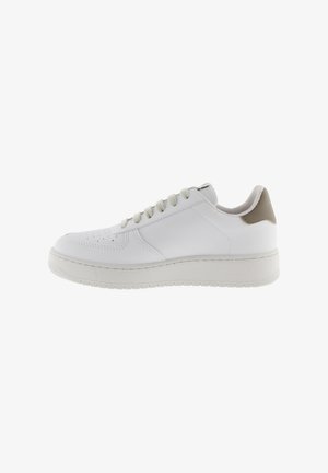White low-top sneaker with lace-up closure, perforated toe area, and beige heel tab, shown in profile on a white background.