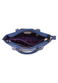 Blaues Handtasche mit einem Reissverschluss, ausgestattet mit einem lila blumigen Innenfutter. Verfügt über mehrere Fächer und goldfarbene Hardware-Details.
