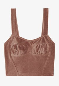 Brauner Corduroy-Cropped-Top mit breiten Trägern und gerafften Details an der Brust. Hat ein figurbetontes Design und eine glatte Textur.