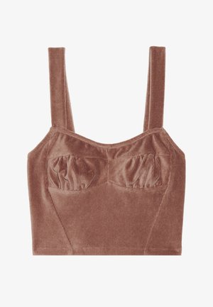 Brun kordfløyelsstrikket topp med brede stropper og rynkedetaljer ved brystet. Har en tettsittende design og en glatt tekstur.