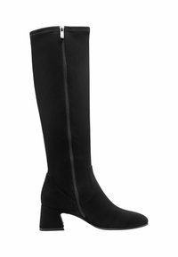 Knee-high black suede boot with a sleek design, pointed toe, and zip closure at the back, featuring a mid-block heel.