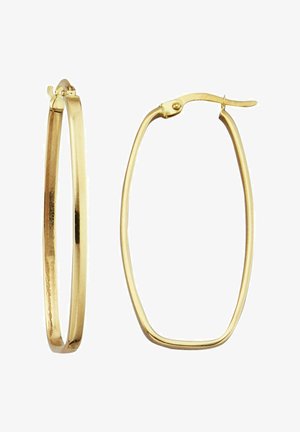 Paire de boucles d’oreilles créoles rectangulaires fines en or poli, aux bords arrondis, avec fermoirs à charnière pour fixation.