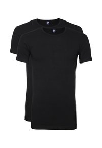 Twee zwarte crew-neck t-shirts van katoen. Korte mouwen, gladde textuur en geen zichtbare patronen of graphics.