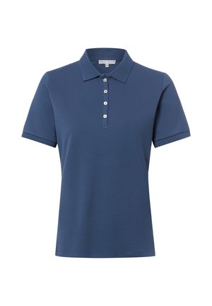 Marineblaues Poloshirt mit kurzen Ärmeln, vier weißen Knöpfen und umgeklapptem Kragen, Größe klein, dargestellt auf weißem Hintergrund.