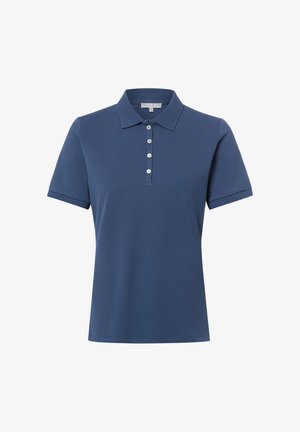 Marineblaues Poloshirt mit kurzen Ärmeln, vier weißen Knöpfen und umgeklapptem Kragen, Größe klein, dargestellt auf weißem Hintergrund.