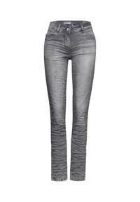 Jean en denim gris avec une coupe slim, dotés d'une fermeture à bouton, de cinq poches et de détails de décoloration et d'effritement subtils sur l'ensemble.