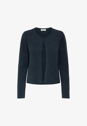 Granatowy sweter z długimi rękawami, okrągłym dekoltem i zapięciem na guziki, z wycięciem na środku przodu. Miękka faktura.