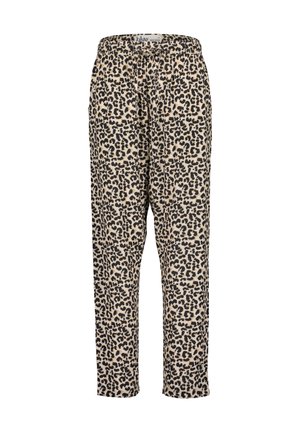 Beige og sort leopardprint bukser med elastisk talje og snor, lige ben, afslappet pasform.