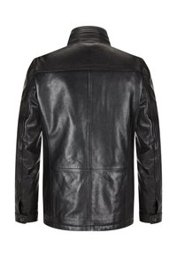 Schwarze Lederjacke mit glattem Finish, ausgestattet mit einem hohen Kragen, knopffernen Manschetten und Panelelementen auf dem Rücken.