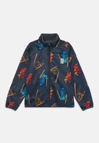 Marineblauer Blazer mit einem Muster aus bunten Ninja-Figuren mit Schwertern, aus glattem Stoff gefertigt, mit einem Reißverschluss und hohem Kragen.