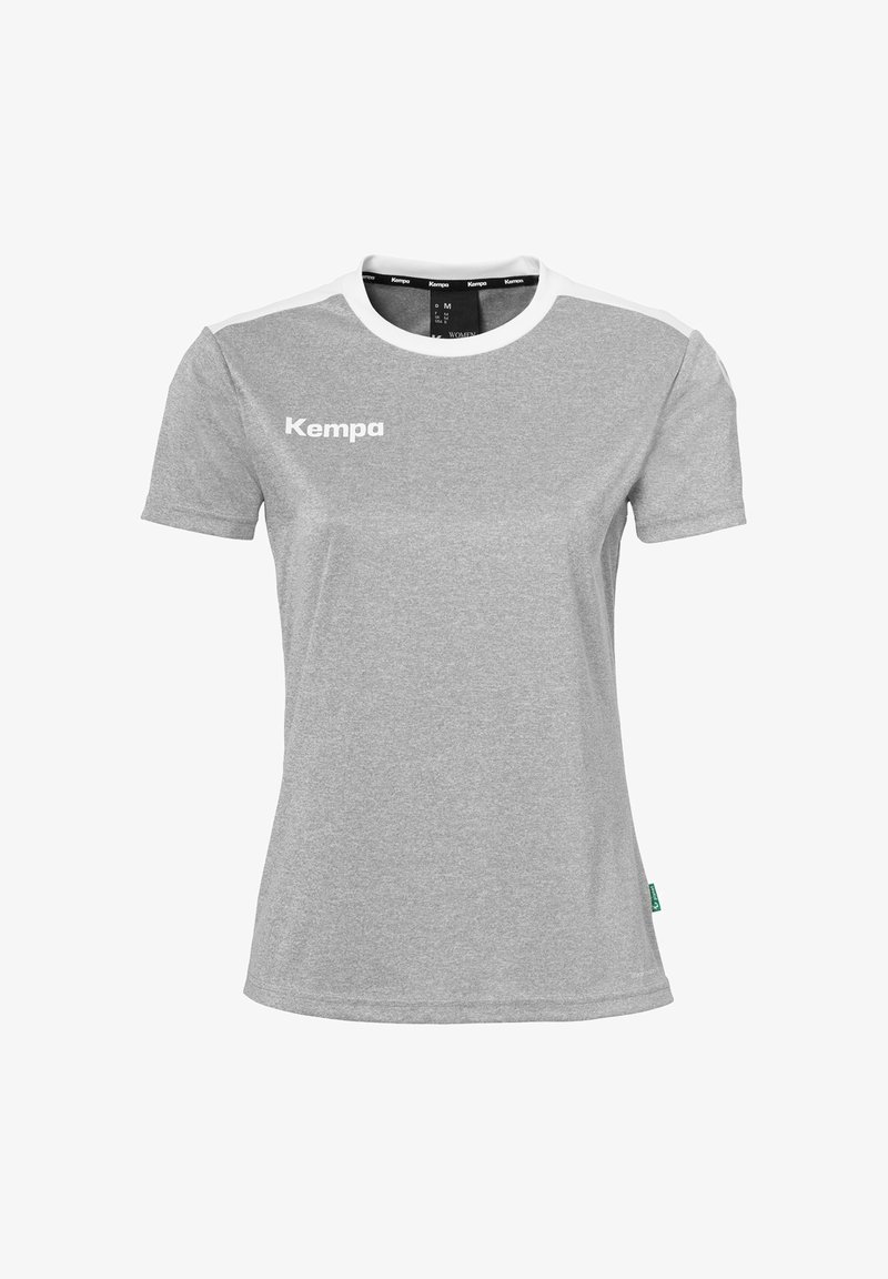 Grijze T-shirt met korte mouwen van lichtgewicht stof. Heeft een witte ronde hals, witte schouderaccenten en een 'Kempa'-logo in het wit.