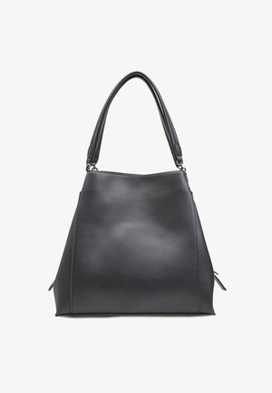 Bolso tote de cuero negro con forma estructurada y angular. Presenta una textura suave y dobles asas, diseñado para llevar al hombro.