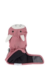 Handschuhe für Kinder im Puppenstil aus weichem pinkem Stoff mit weißen Ohren und einem Gesicht, ausgestattet mit einem verstellbaren elastischen Bündchen und einem schwarzen Innenfutter.