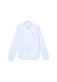 Light blue button-up shirt made of cotton, featuring a classic collar, long sleeves, and a small green Lacoste logo on the chest.