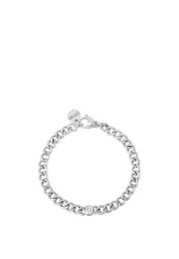 Bracciale in argento con anelli intrecciati, caratterizzato da un piccolo dettaglio di cristallo circolare al centro e una chiusura con gancio dotata di un'etichetta con logo.