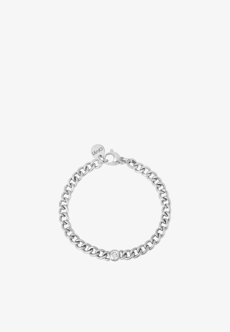 Bracciale in argento con anelli intrecciati, caratterizzato da un piccolo dettaglio di cristallo circolare al centro e una chiusura con gancio dotata di un'etichetta con logo.