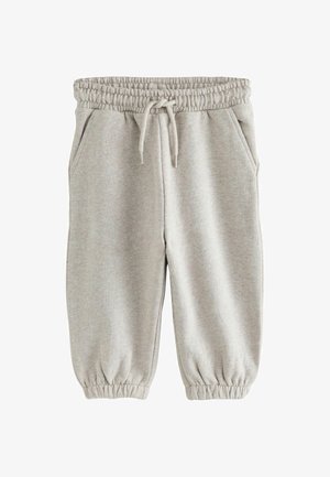Lysegrå børnesweatpants med elastisk talje og ankler, snøre og sidelommer, vist mod en hvid baggrund.