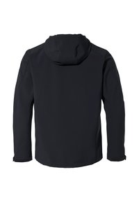 Black softshell jacket with a hood, features a smooth texture, adjustable cuffs with Velcro, and a simple, streamlined design.