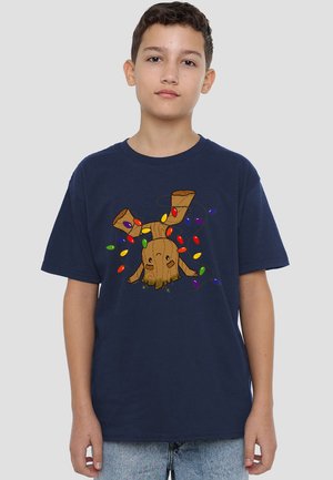 Navy blue cotton t-shirt featuring a cartoon tree with glowing Christmas lights and brown pot sections. Short sleeves and relaxed fit.