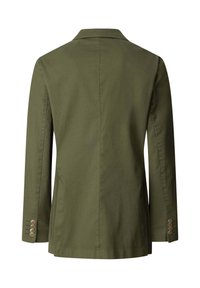 Olivgrünes Herrenblazer, von hinten gezeigt, mit langen Ärmeln und je vier Knöpfen an jedem Ärmelabschluss.