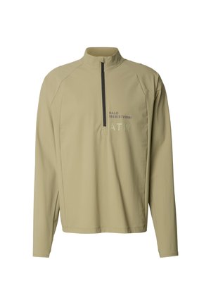 Quarter-zip pullover i beige stof. Har raglanærmer og sideslidser. Fronten viser "HALO" og "ATW" i kontrastfarvet tekst.