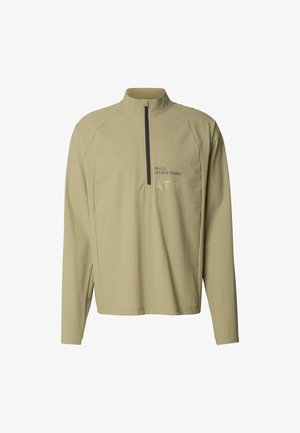 Quarter-zip pullover i beige stof. Har raglanærmer og sideslidser. Fronten viser "HALO" og "ATW" i kontrastfarvet tekst.