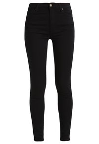 Jean skinny noir en tissu extensible en coton mélangé. Présente une fermeture à bouton à l'avant et des passants de ceinture pour un ajustement réglable.