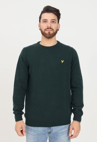 Maglione verde realizzato in morbido tessuto a maglia, con colletto a girocollo e polsini aderenti, e un piccolo logo giallo sul petto.