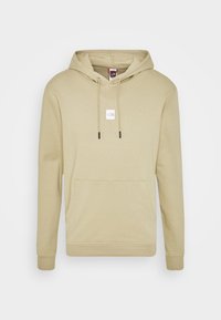 Felpa beige realizzata in morbido materiale, con tasca frontale, cappuccio regolabile con cordino e patch del logo del marchio sul petto.