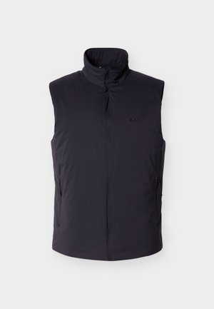 Melna bezroku pūšamā veste ar augstu apkakli, priekšā rāvējslēdzēju, sānos rāvējslēdzēja kabatas un smalks logotips kreisajā krūšu daļā.