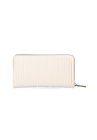Portafoglio bianco a pieghe con una texture liscia, chiusura a zip e dettagli in metallo dorato. Forma rettangolare con un design compatto.