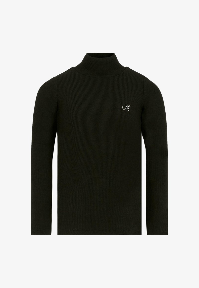 Zwarte lange mouwen geribbelde coltrui met een klein decoratief wit "M" op de linkerborst.