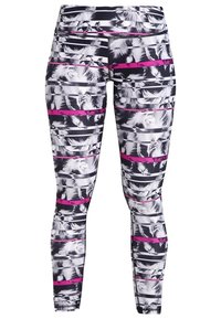 Leggings con stampa di piume bianco e nero e strisce orizzontali rosa. Realizzati in materiale elastico, progettati per comfort e mobilità.