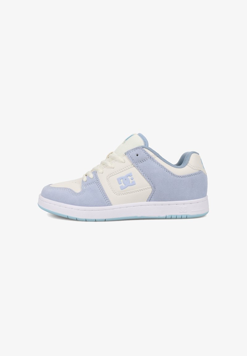 Light blue and white sneaker with suede and leather materials, round toe shape, flat laces, and a rubber sole. Features logo on side.