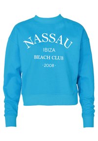 Blaues, cropped Sweatshirt mit dem Text "NASSAU IBIZA BEACH CLUB 2008" in Weiß, aus weichem Material mit gerippten Bündchen und Halsausschnitt.