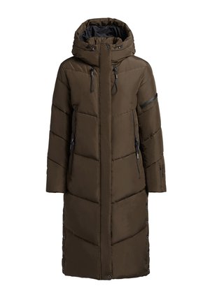 Duga, tamnosmeđa zimska jakna s kapuljačom, s chevron prošivenim uzorkom, s zip zatvaračima na džepovima i dugmadima na preklapanju sa strane.