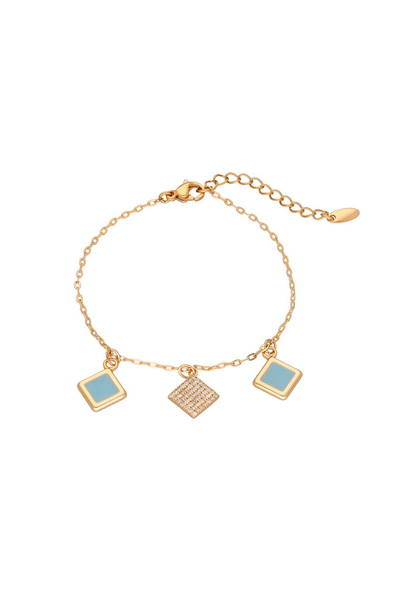 Pulsera de cadena de oro con dos charms geométricos: un cuadrado con esmalte azul claro y un rombo adornado con strass.