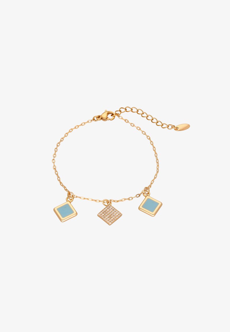 Pulsera de cadena de oro con dos charms geométricos: un cuadrado con esmalte azul claro y un rombo adornado con strass.